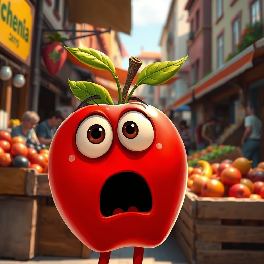 Vibrant Cartoon Apple Surprised in Bustling Market Scene