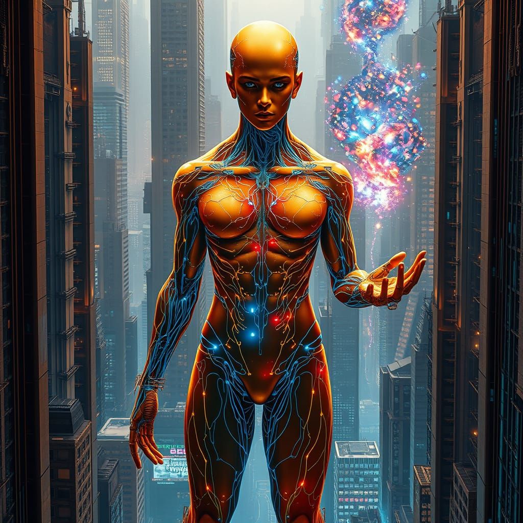 Ethereal Human-Machine Entity Emerges from Futuristic Metrop...