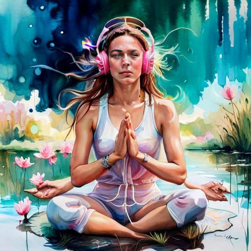 Meditating Girl with Headphones by Lake