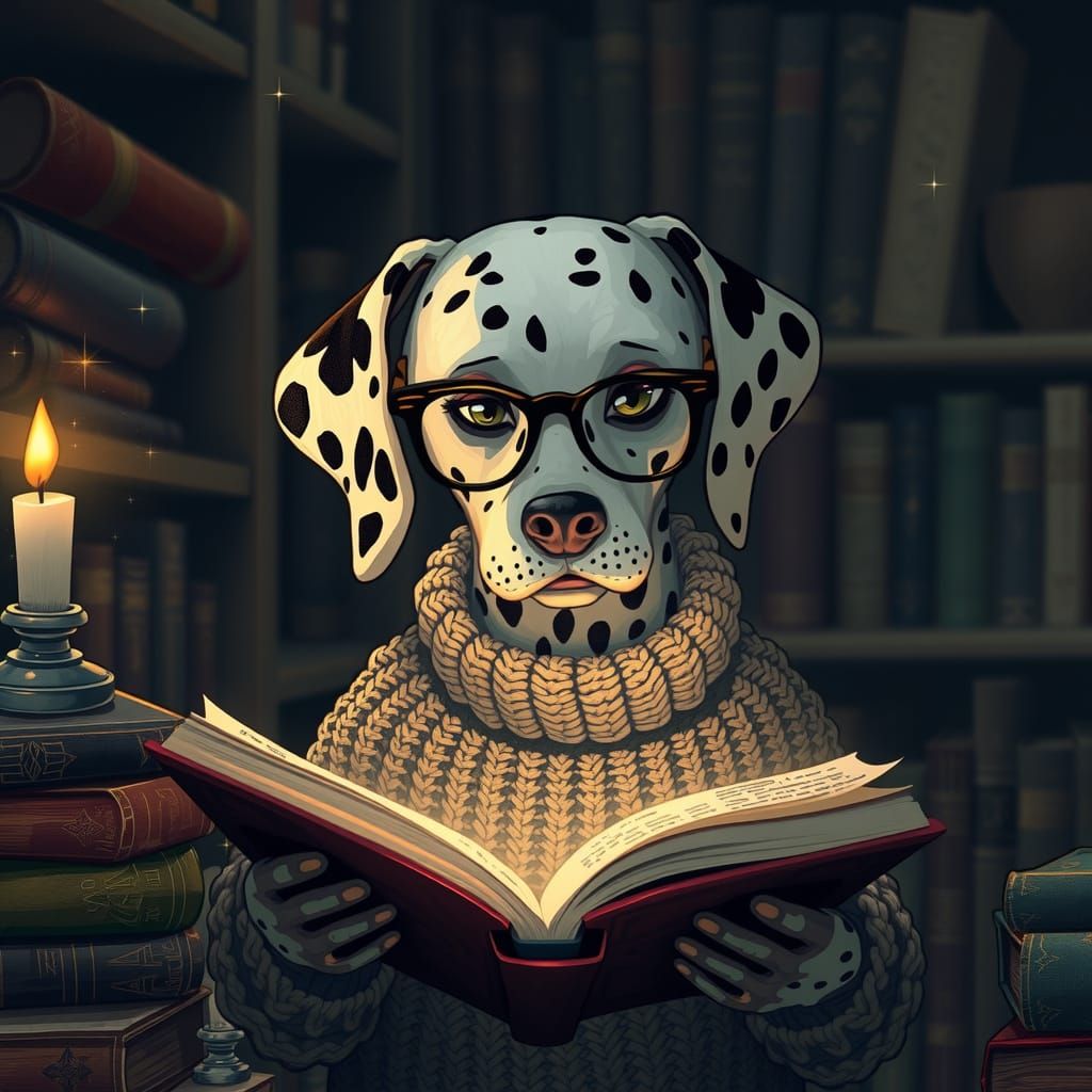Whimsical Dalmatian Reader in Mystical Study