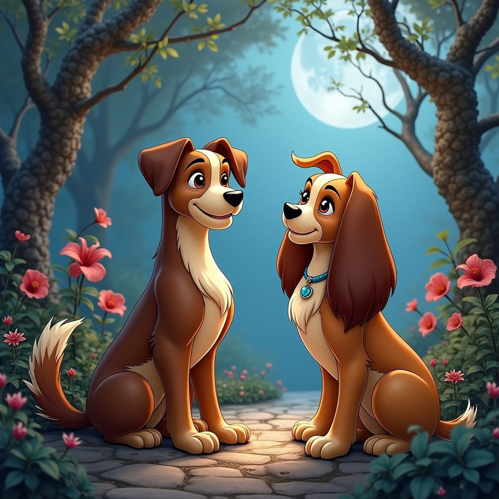 Romantic Dogs in Disney Style Evening Scene