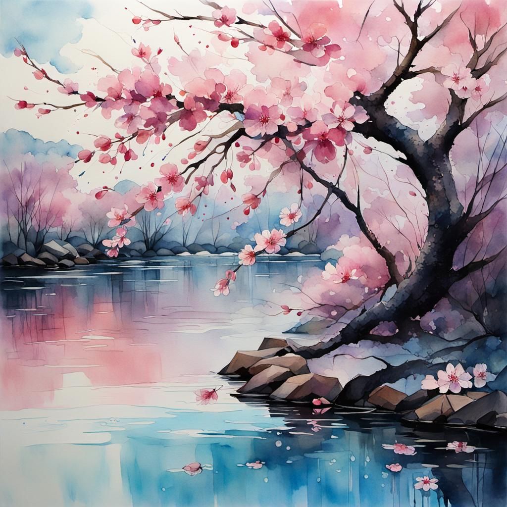 Cherry Blossom Tree in Impressionist Watercolor Style