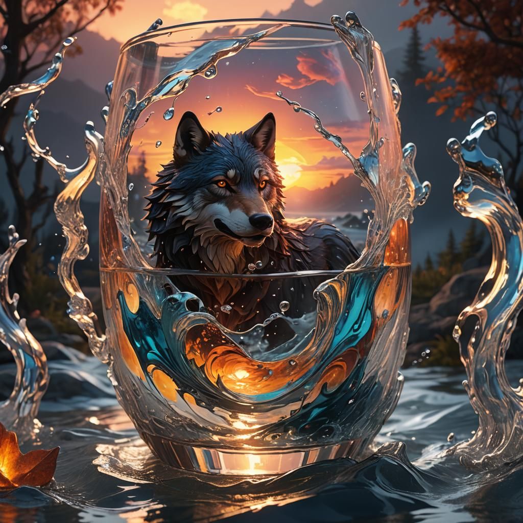 Sunset Water Wolf: Detailed Matte Painting