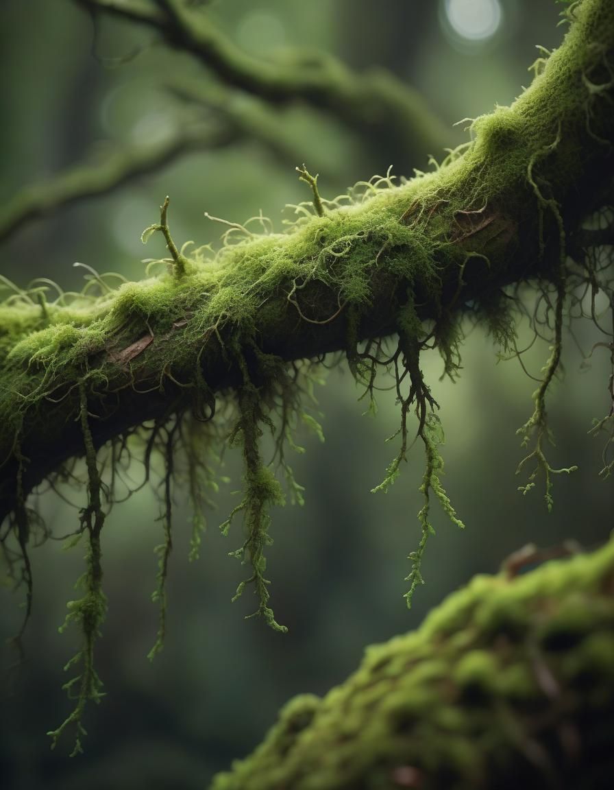 Mossy Branches with Realistic Textures and Bokeh