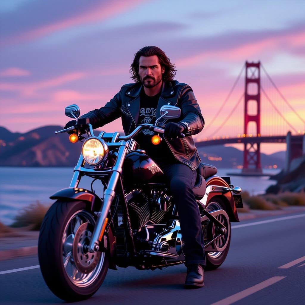 Biker Rides Toward San Francisco at Twilight