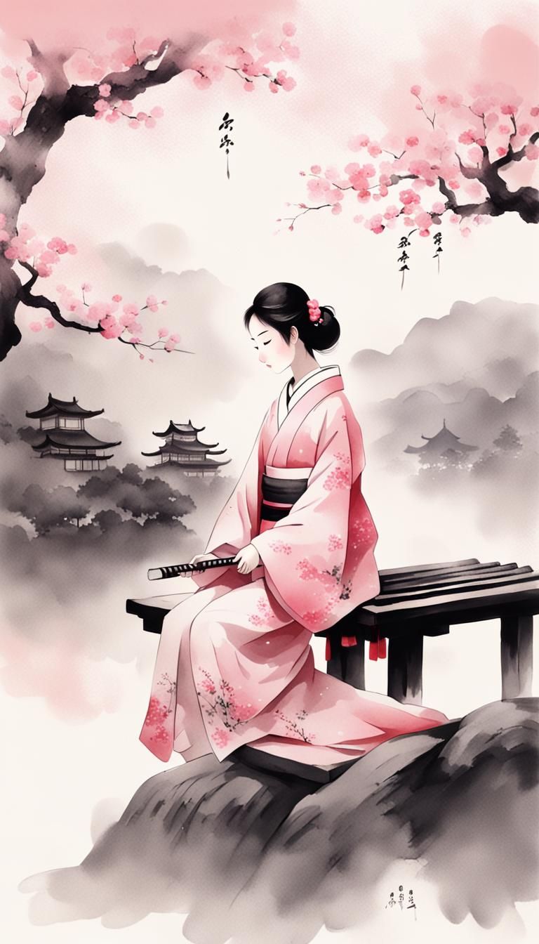 Minimalist Ink Painting: Girl in Kimono with Koto