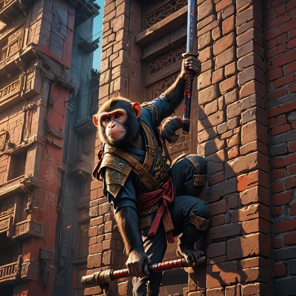 Monkey Ninja Climbing a Building in Fantasy Style