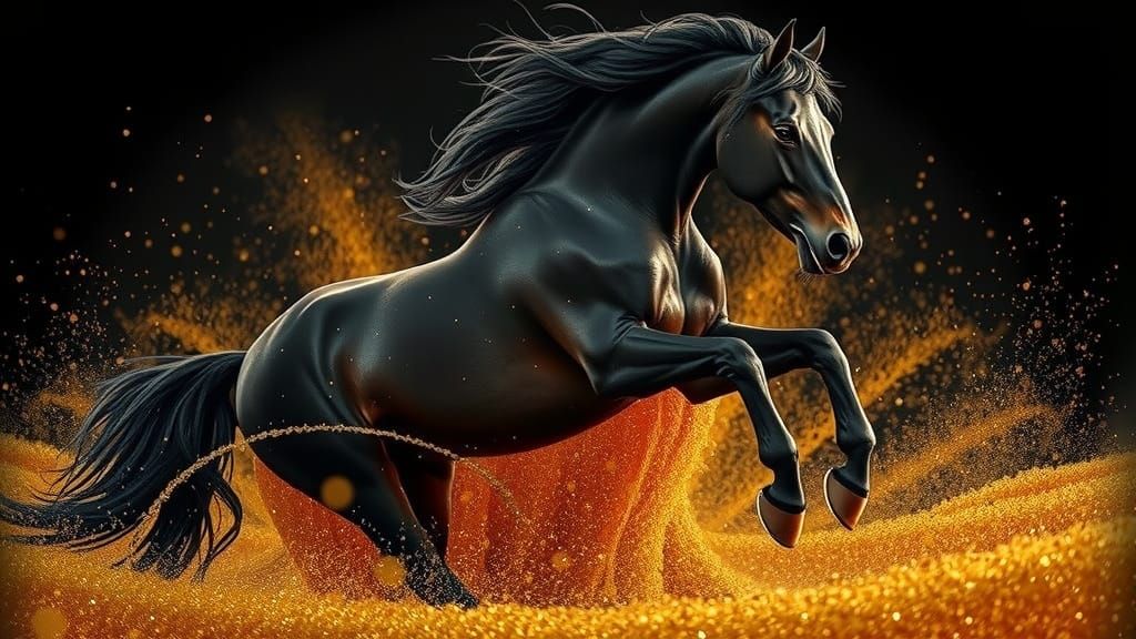 Majestic Black Horse in Golden Glitter Storm