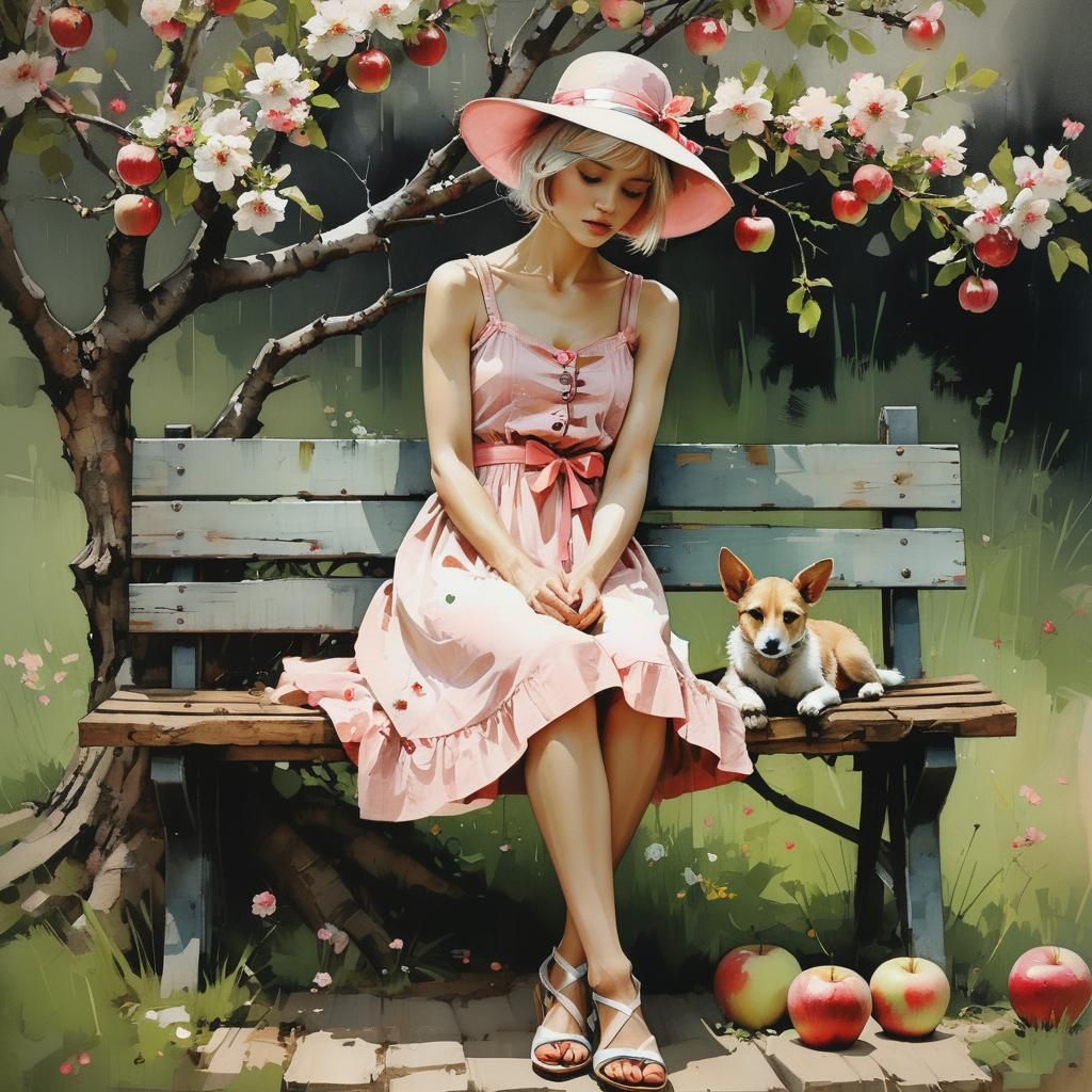 By Paul Lovering, Mattias Adolfsson, Russ Mills, Alexander Jansson art style::An apple tree full of flowers with a woode...