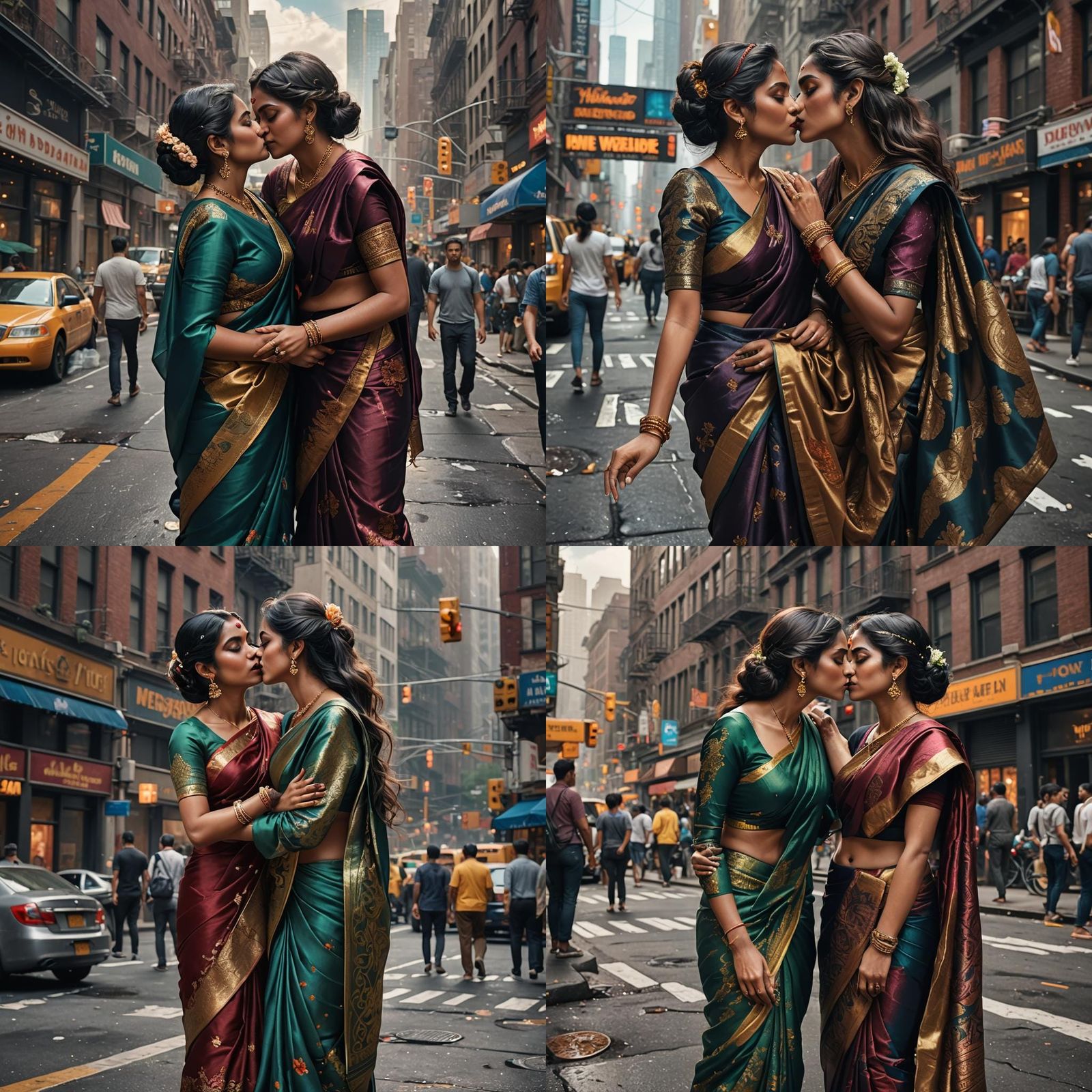 Women in Sarees Kissing in New York: Digital Painting