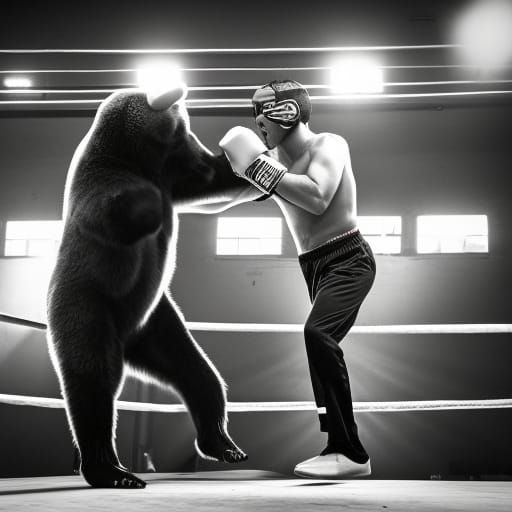 Man Boxing a Bear in Boxing Ring Photo