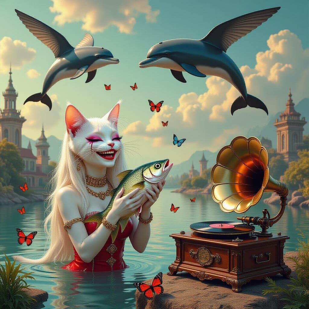 Surreal Cat Girl With Fish and Winged Dolphin