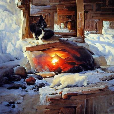 Cozy Winter Cabin with Glowing Hearth: Oil Painting