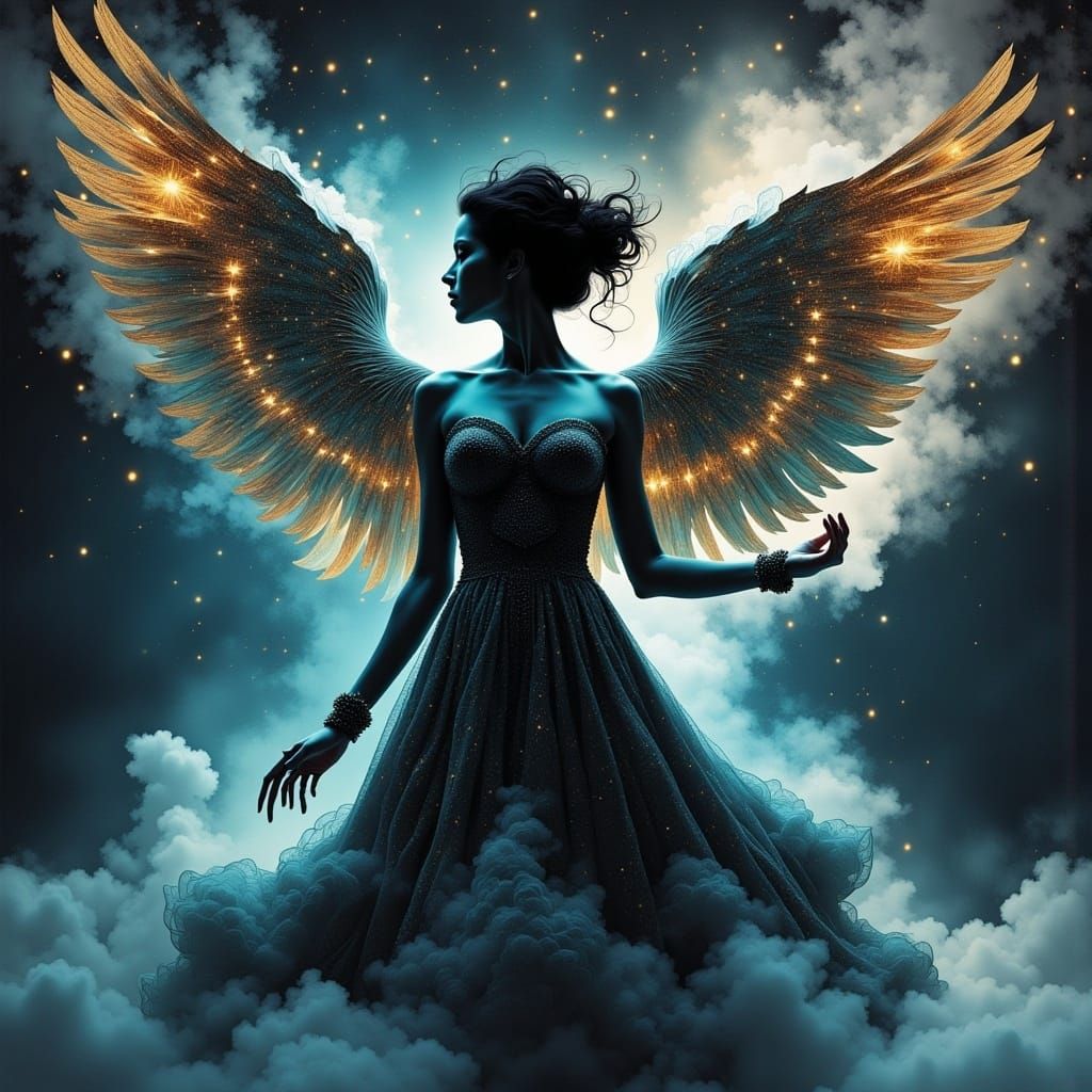 Angel Silhouette with Astral Pattern in Digital Painting Sty...