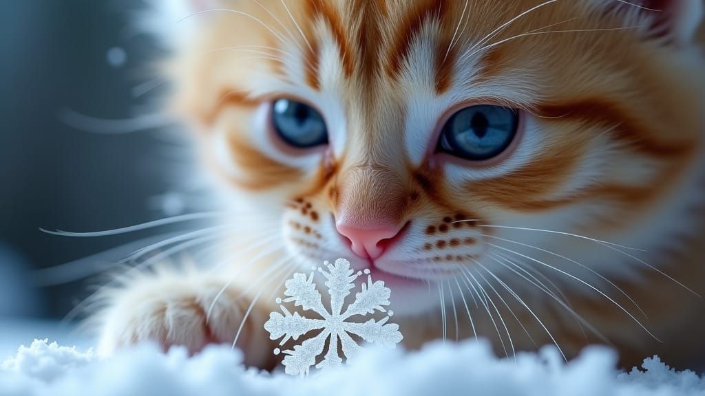 Whimsical Kitten Captured in Macro Snowflake Moment