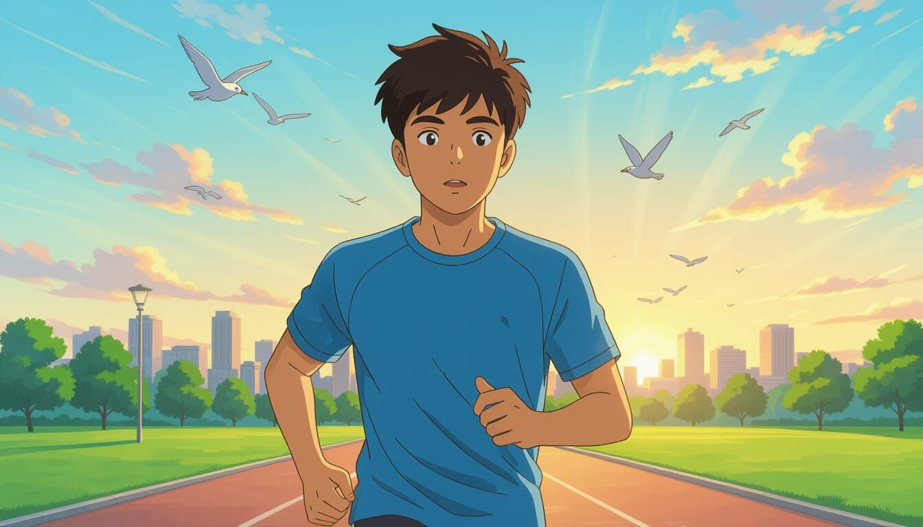 Young Indian Boy Jogging in Park at Sunrise