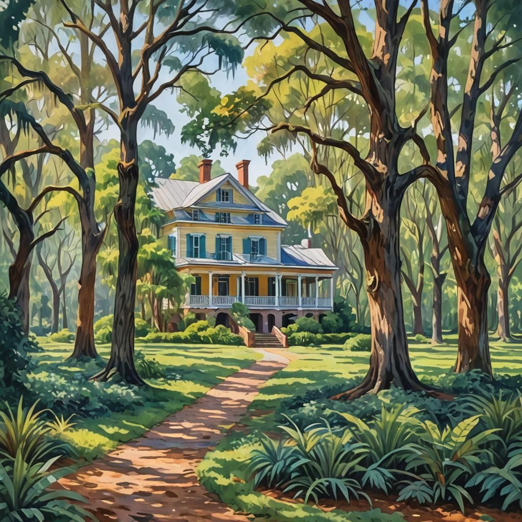 Plymouth Plantation in Gouache Style Impressionist Painting