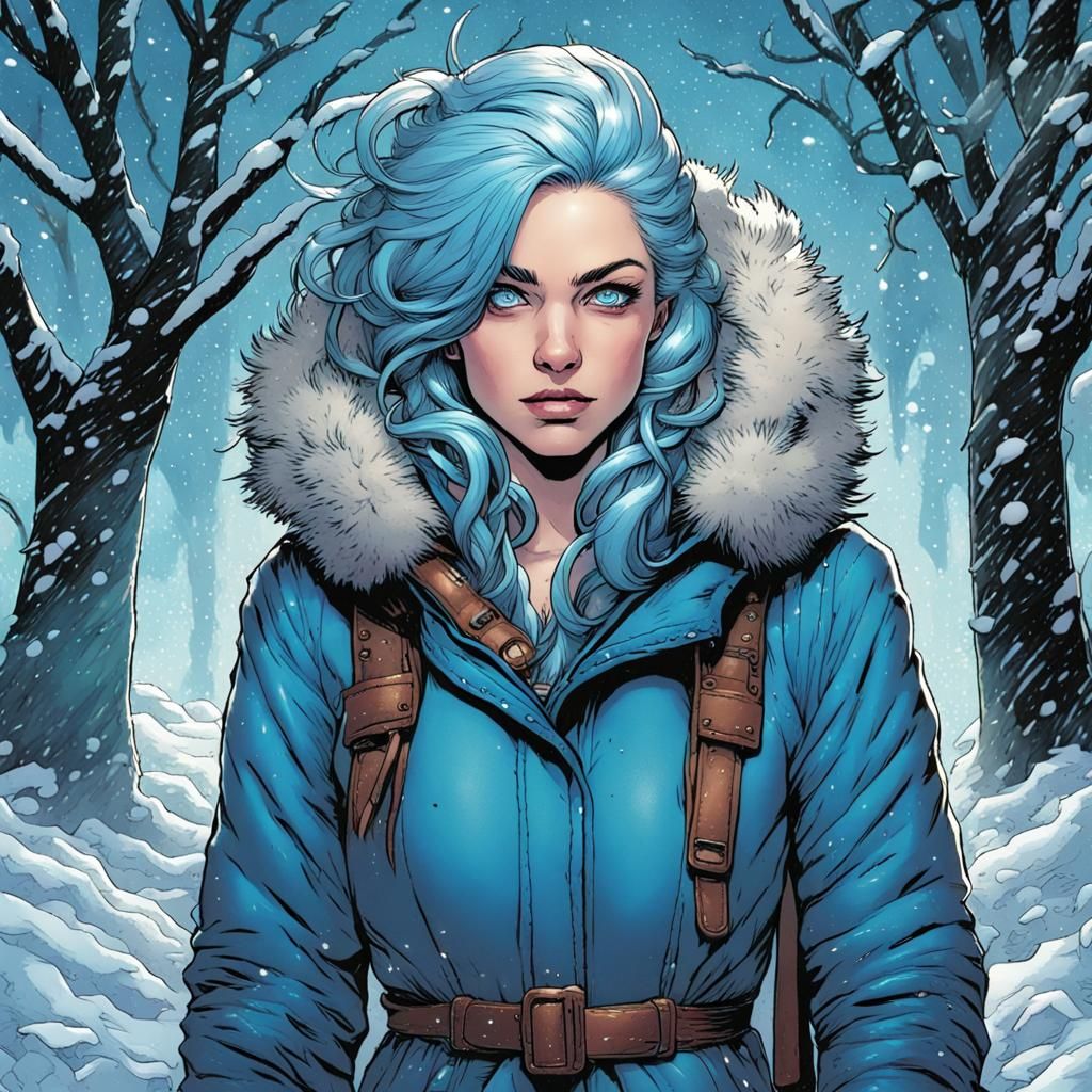 Blue-Haired Woman in Winter Wonderland: Comic Book Art