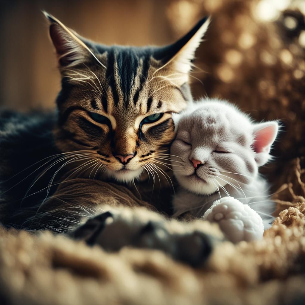 Touching Image of a Cat Nurturing a Baby
