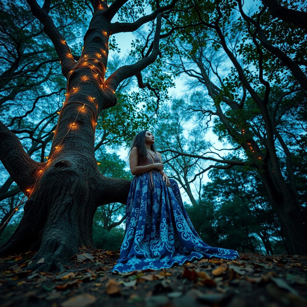 Dreamy Hippie Fairy in a Starry Forest