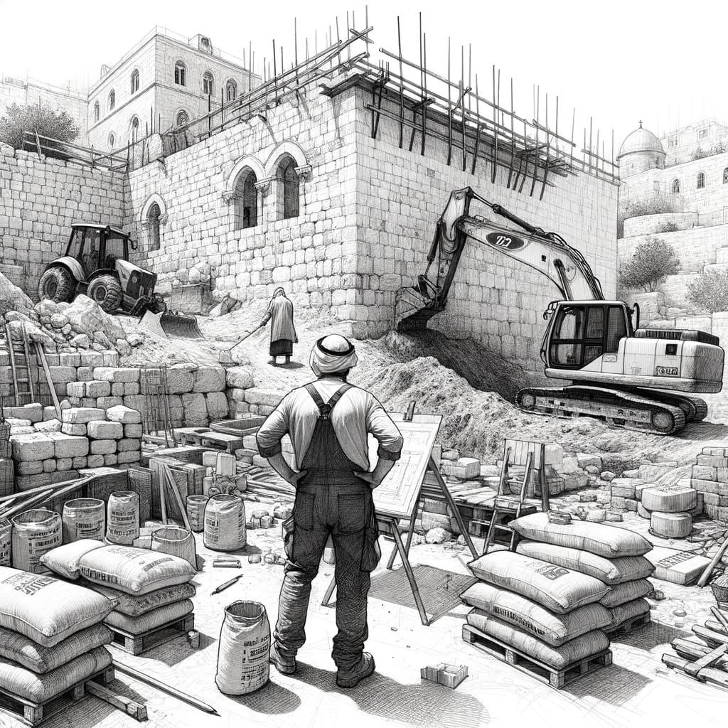 Jerusalem Construction Site in Pencil Sketch Style