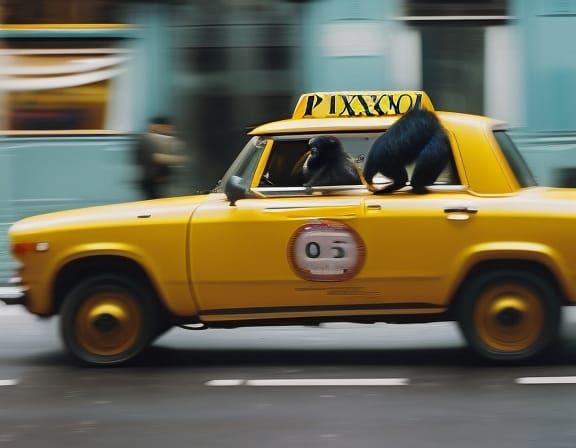 Chimpanzee driving a yellow taxi car, an unruly orangutan passenger