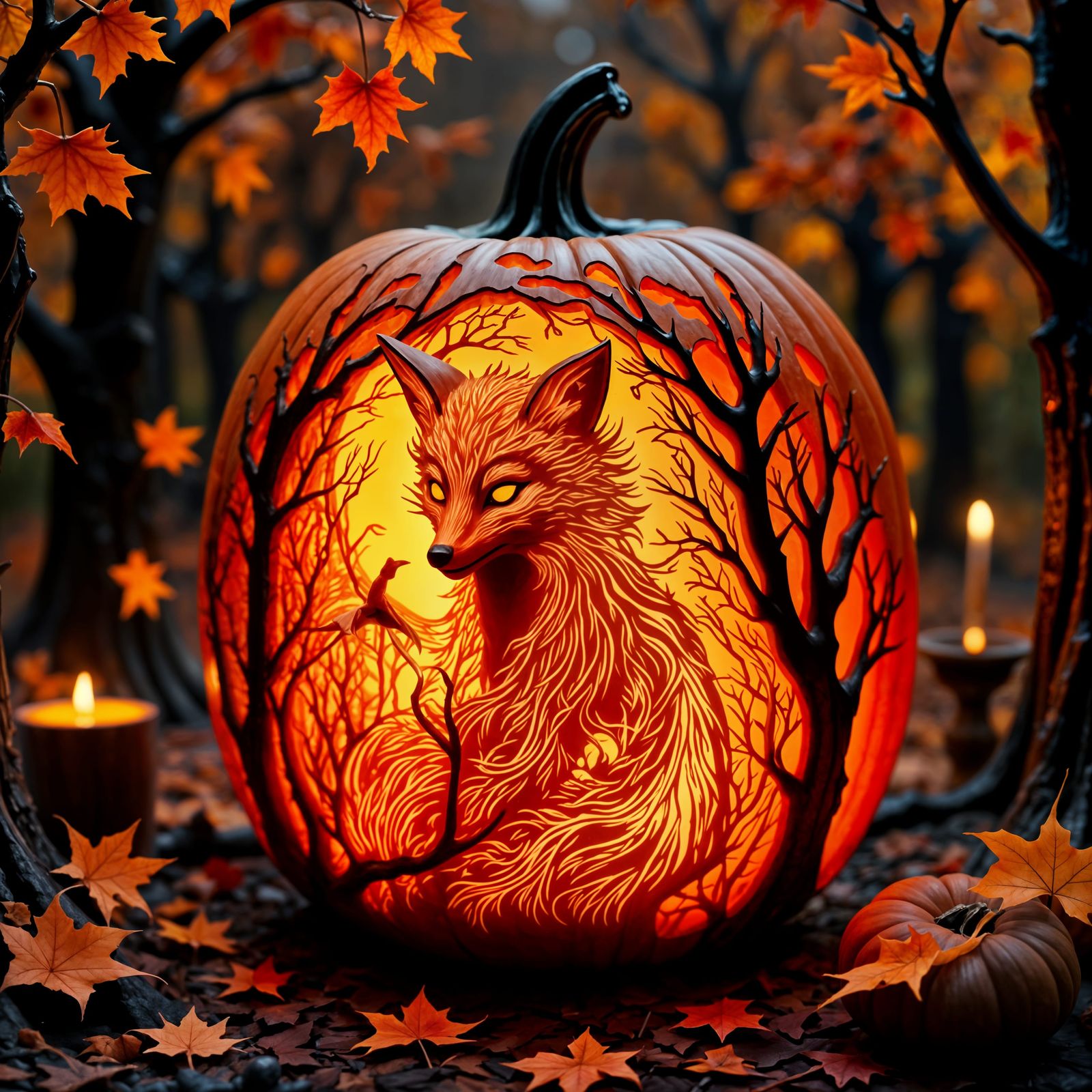Intricate Fox Spirit Carving on Backlit Halloween Pumpkin