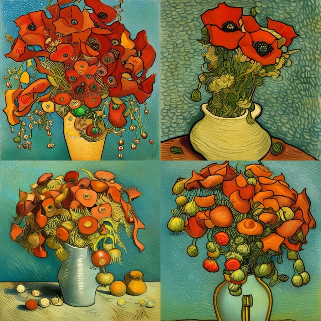 Poppy Field in Van Gogh Style Drawing