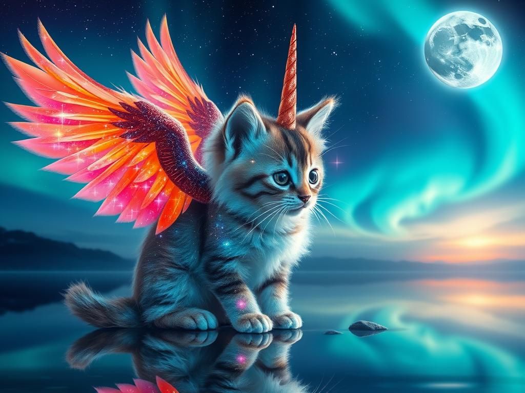 Mystical Kitten with Phoenix Wings Under Aurora Sky