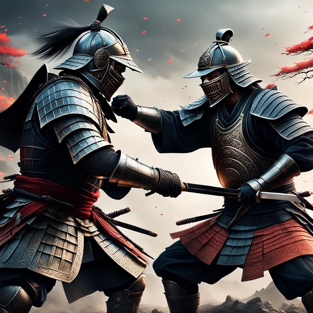 Epic Battle: Knight Versus Samurai in Digital Painting