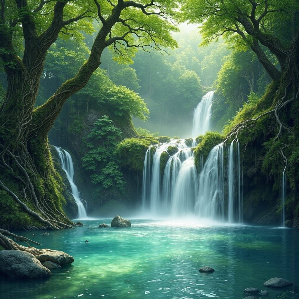 Secluded Waterfall in Impressionistic Style