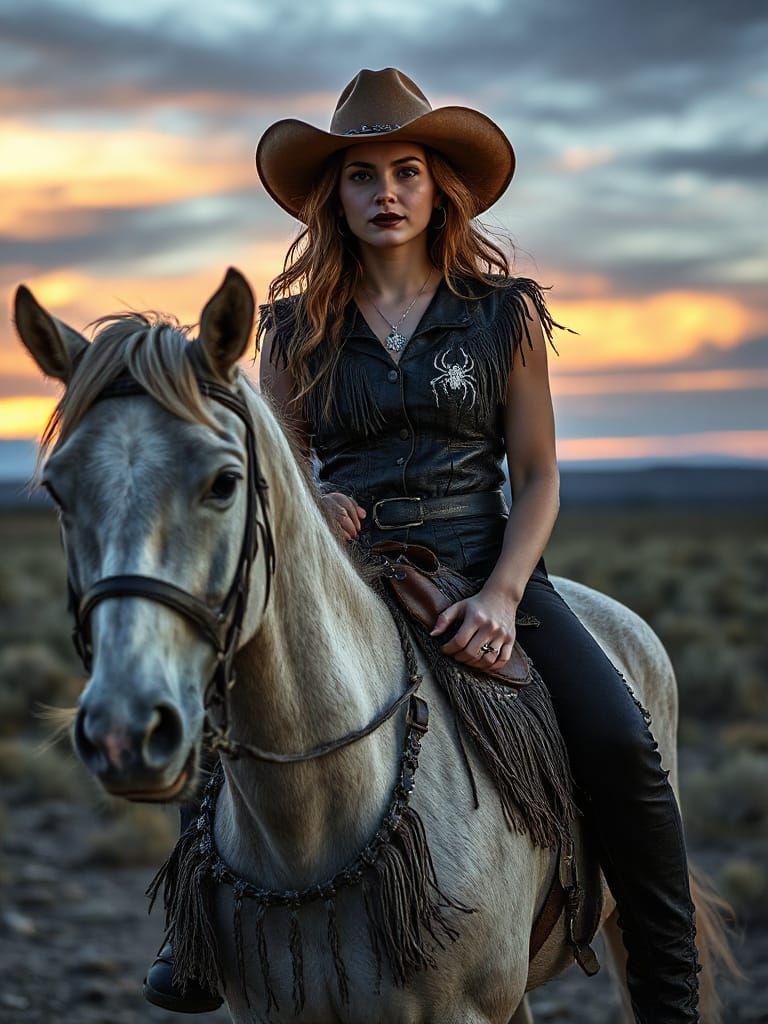 Cowgirl in Western-Goth Style Rides Pale Horse