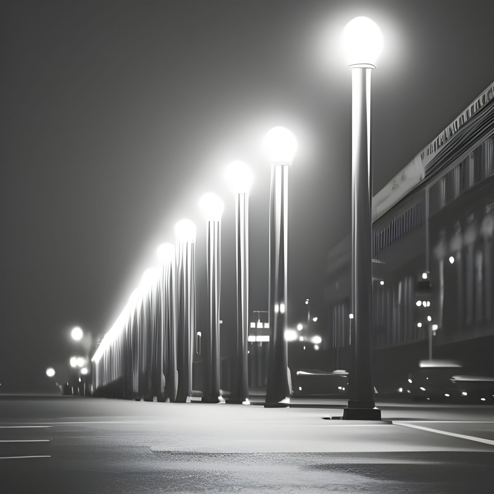 Minimalist Cityscape at Night with Streetlights
