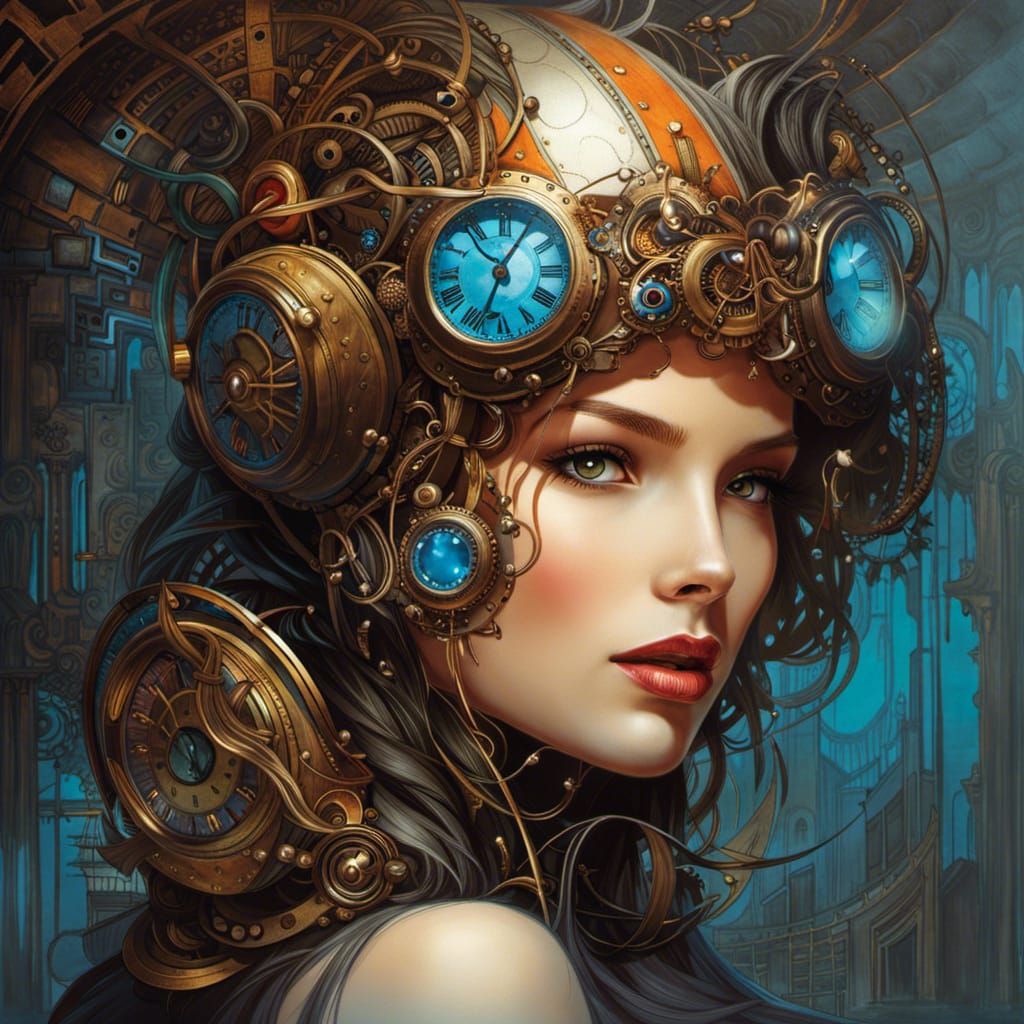 Steampunk Time Portrait in Style of Ink Drawing