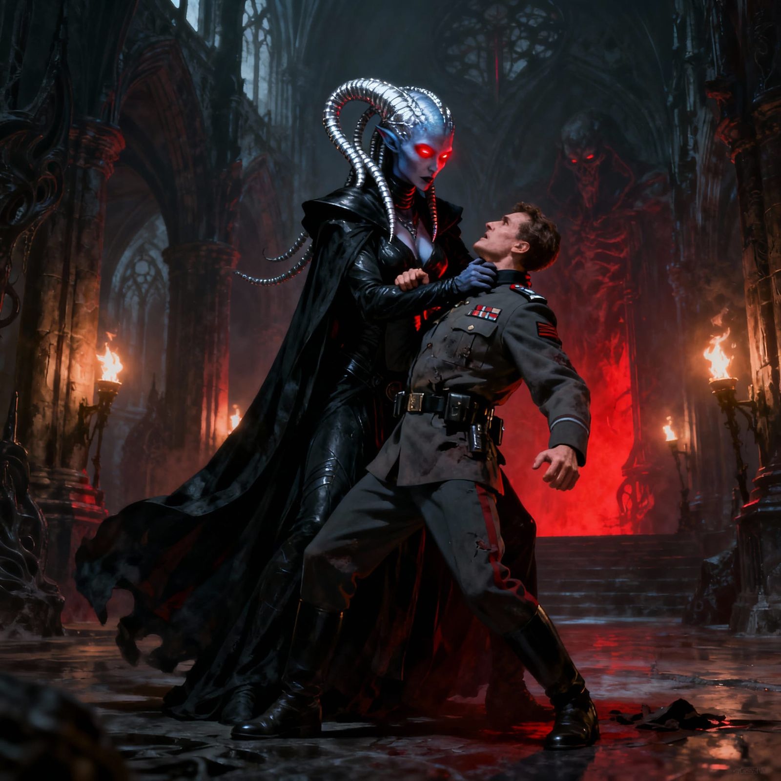 Twi'lek Sith Lord Force Chokes Officer in Dark Temple