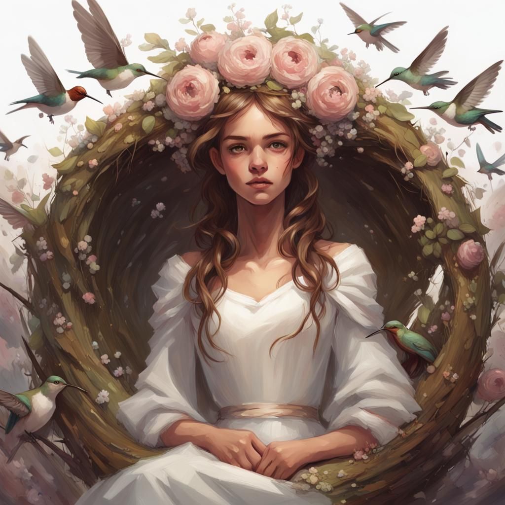 Girl in Flower Nest: Detailed Art Nouveau Portrait