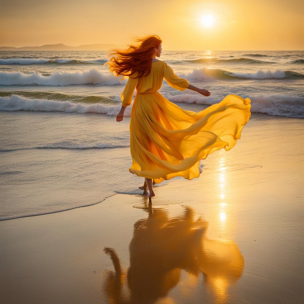 Woman with Red Hair Walking on Beach at Sunrise