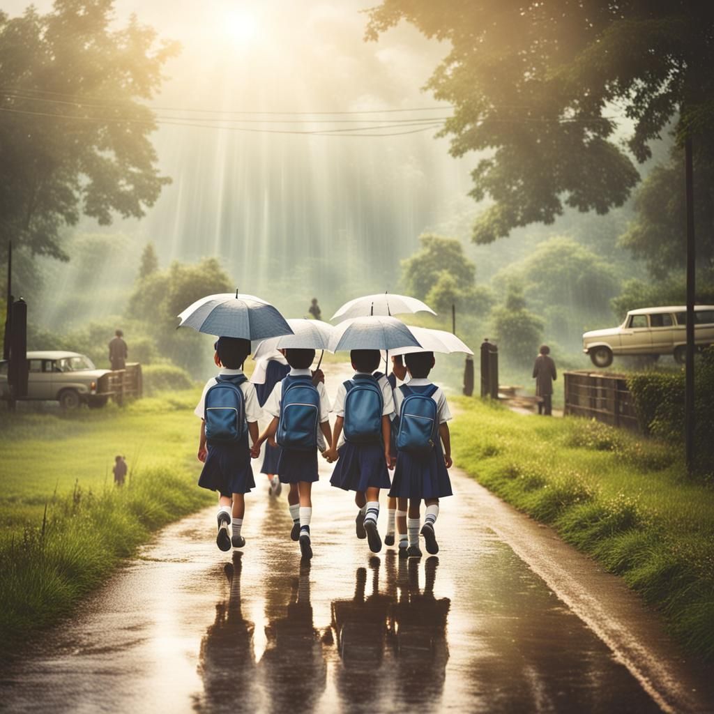 School Children in Rainfall with Divine Light