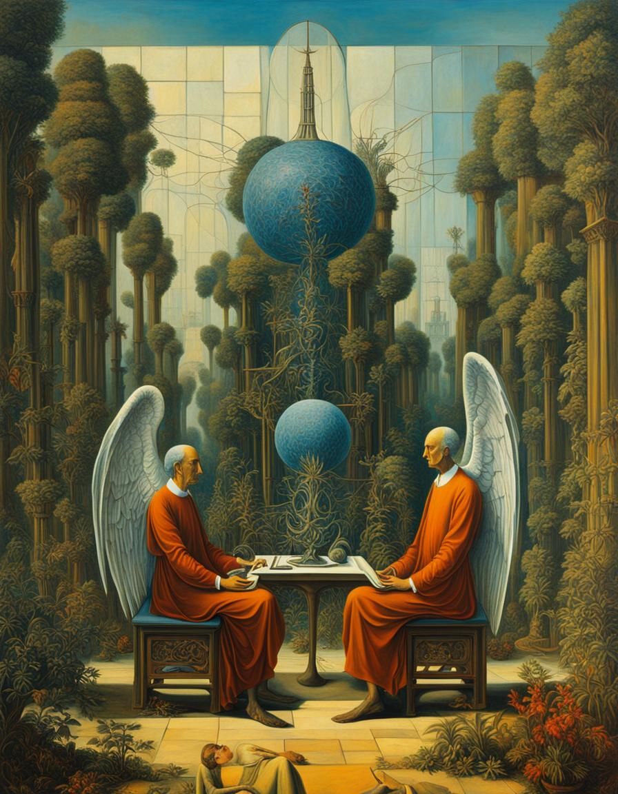 Angels in a Surreal Garden Discuss a Cube