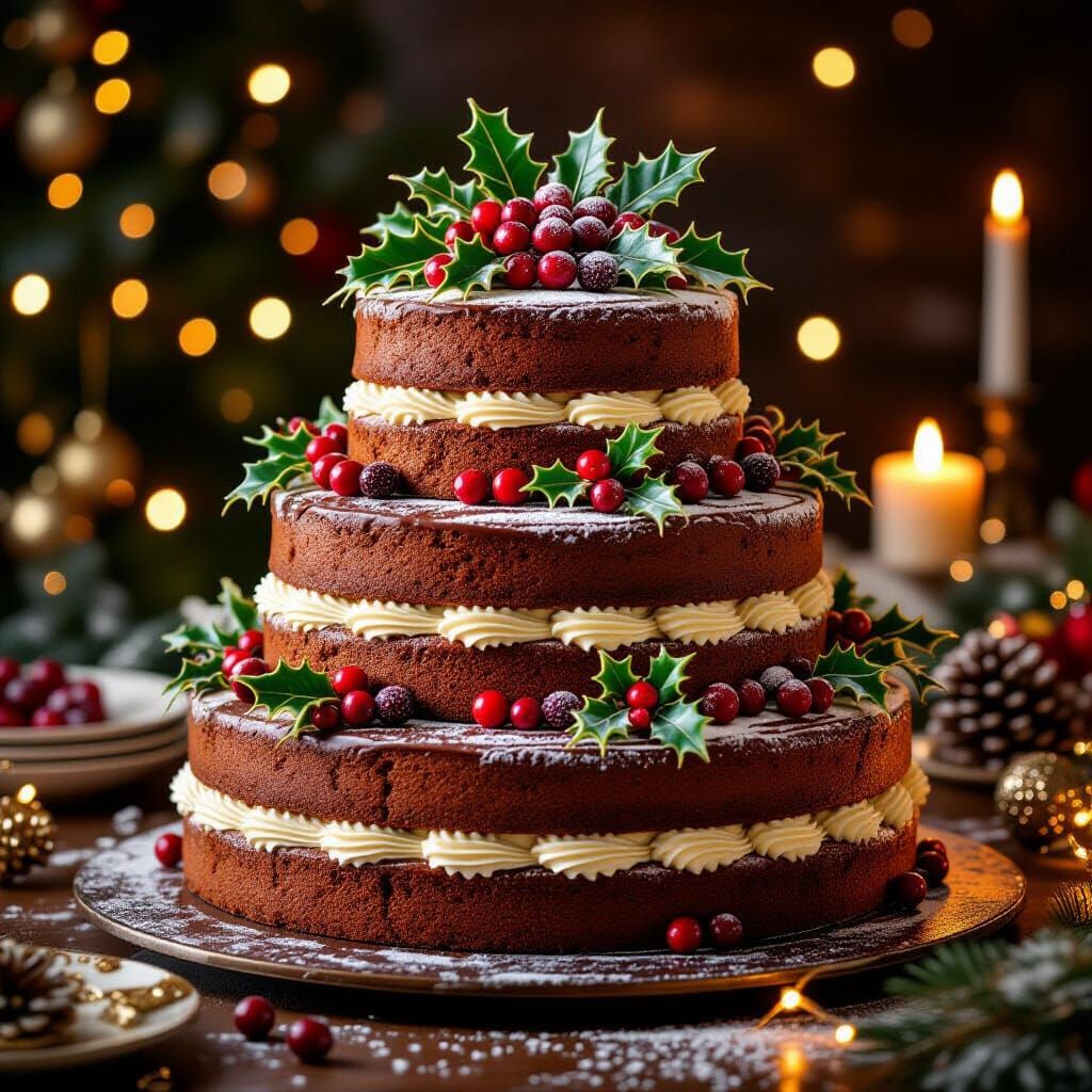 Magnificent Christmas Cake with Sugar Holly and Snow