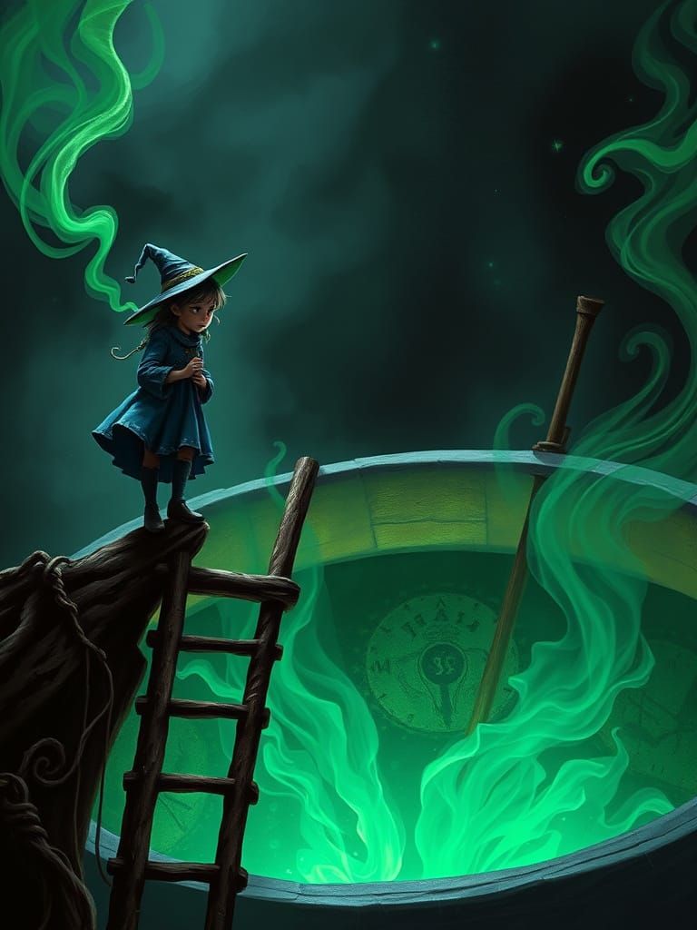 Tiny Witch Brews Giant Potion in Dark Fantasy