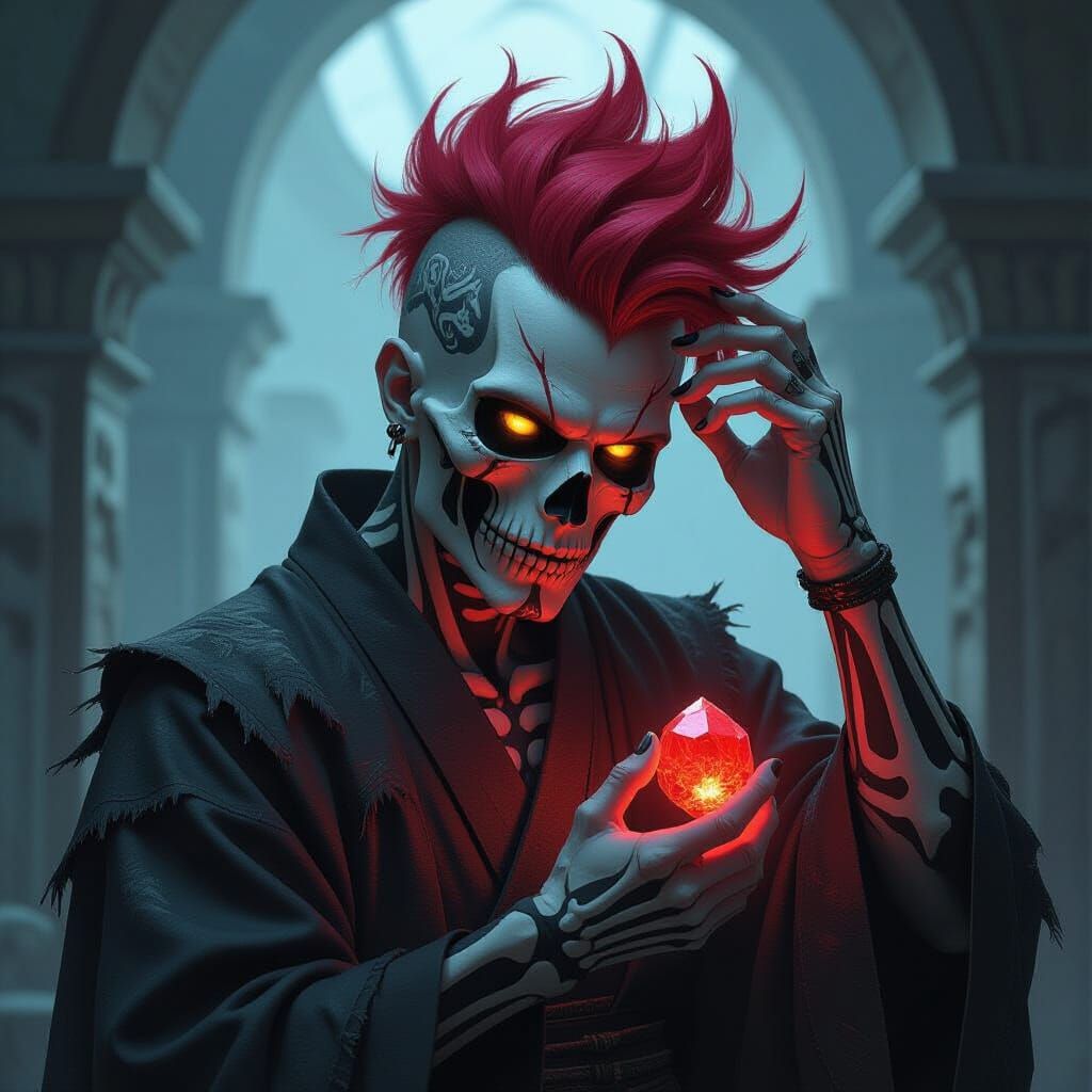 Necromancer with Skull Tattoo and Red Gemstone