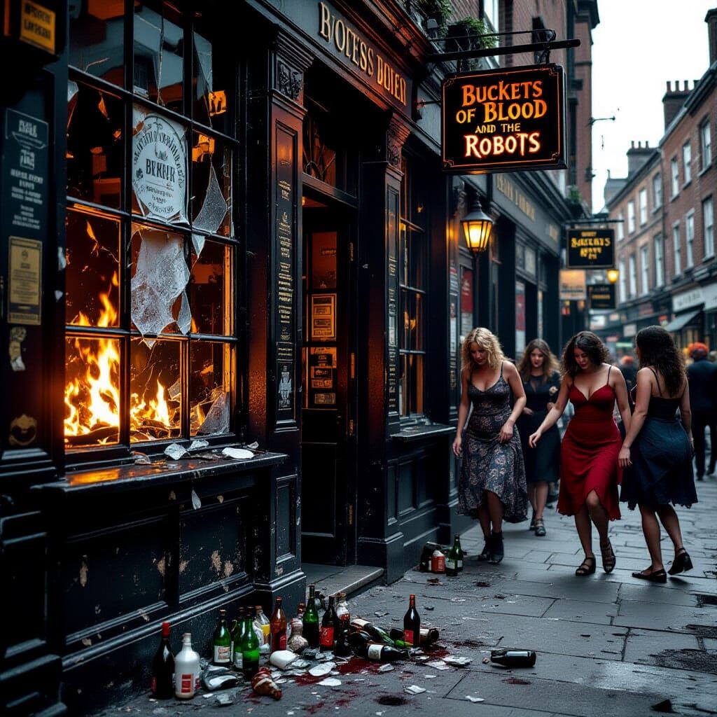 Boisterous Scene Outside a Derelict Pub