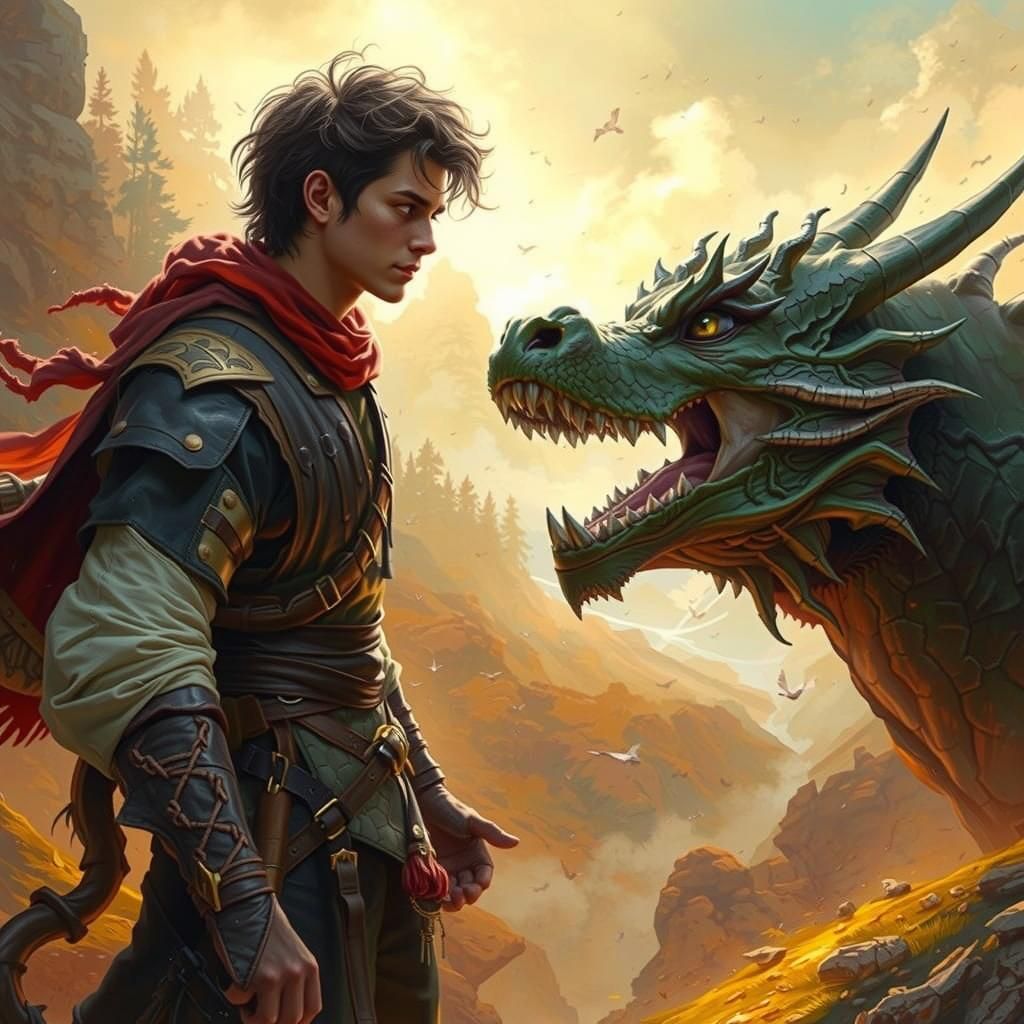 Adventurer Meets Dragon in Mystical Forest