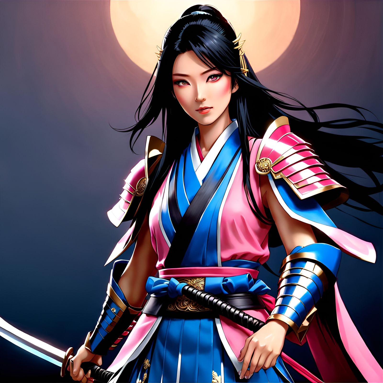 Beautiful Japanese Woman in Pink and Blue Samurai Armor