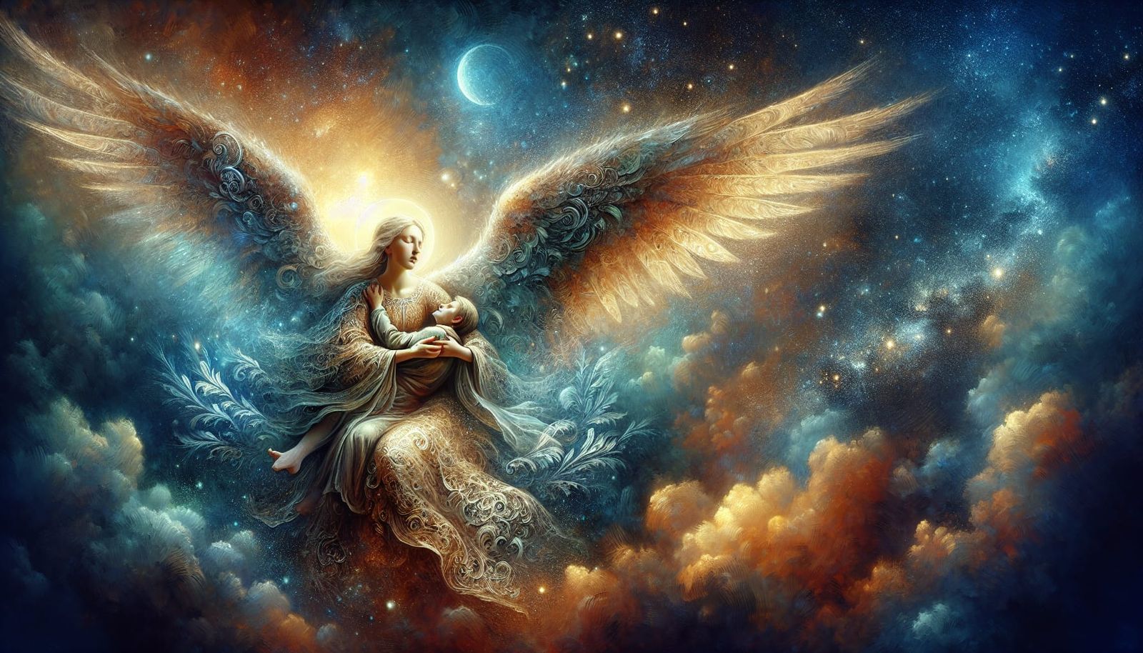 Angelic Figure Holding Individual in Dreamlike Midnight Sky