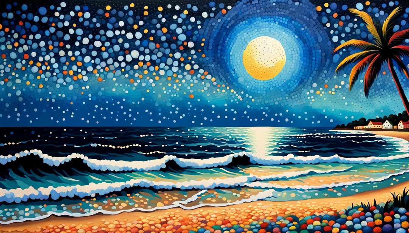 Pointillist Seaside Town at Dusk in Impasto Style