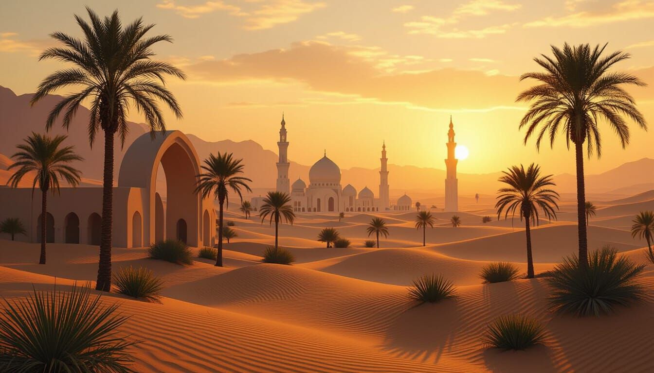 Golden Desert Sunrise with Islamic Architecture in Futuristi...
