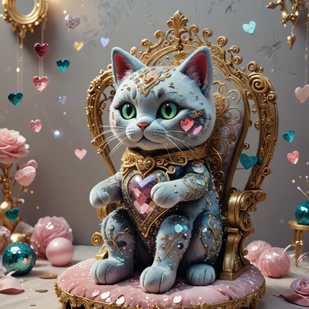 Plush Cat on Throne with Sequined Heart