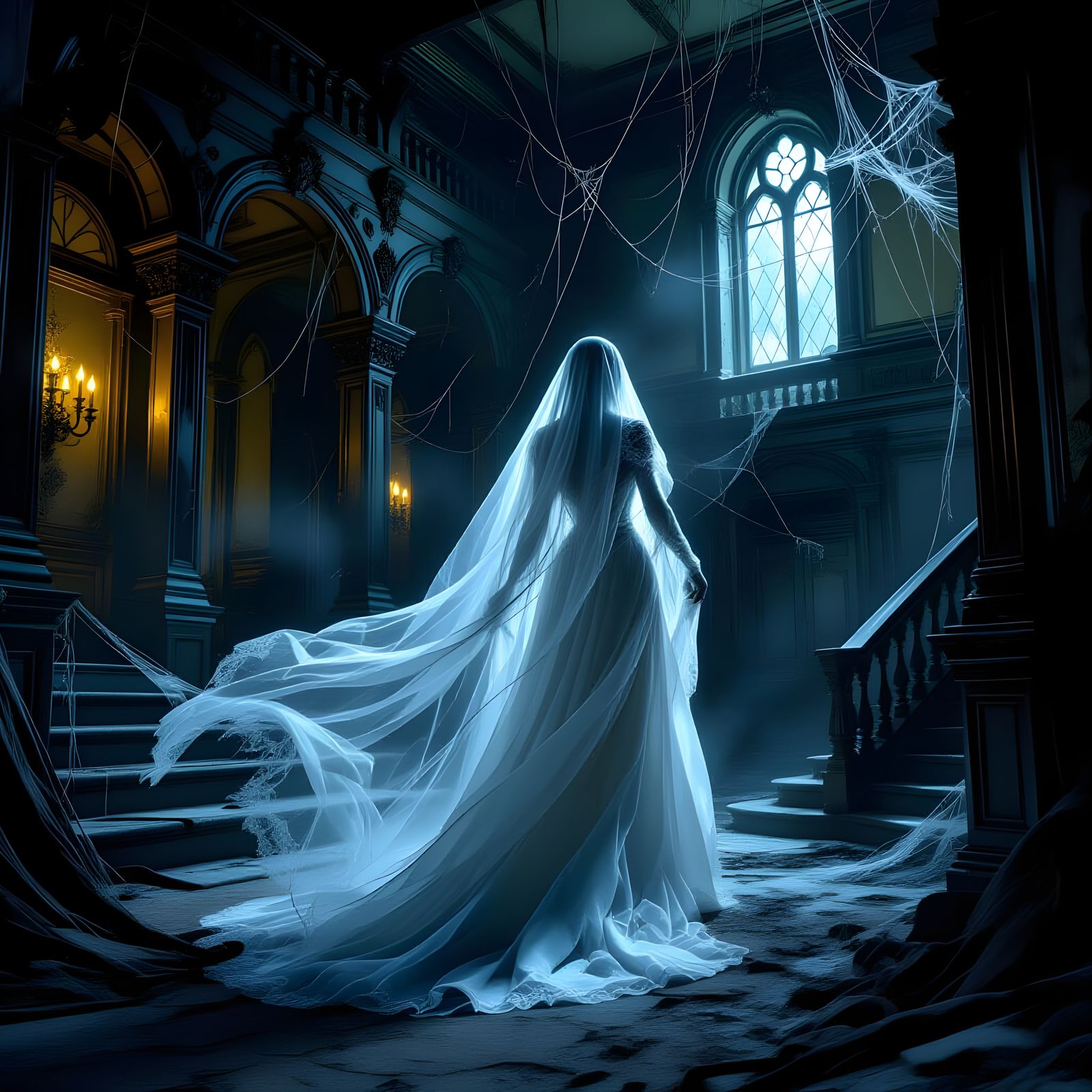 Translucent Ghost in Abandoned Victorian Mansion at Midnight